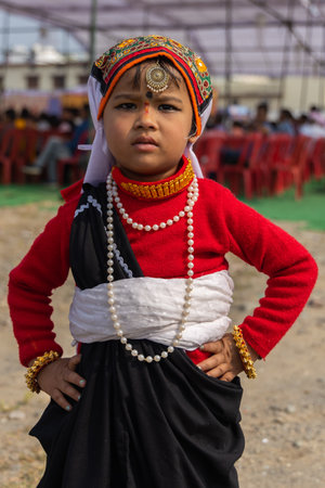 Portrait of a tribal child from the state of Uttarakhand India wearing traditional attire on 17 January 2023のeditorial素材