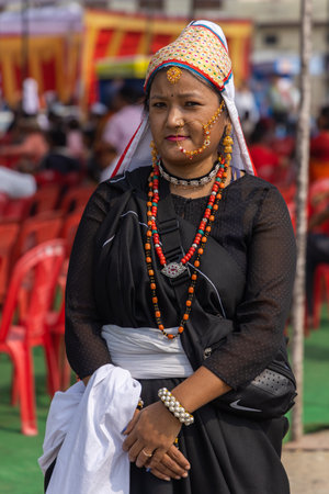 Portrait of a tribal tribal women from the state of Uttarakhand India wearing traditional attire on 17 January 2023のeditorial素材