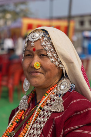 Portrait of a tribal tribal women from the state of Uttarakhand India wearing traditional attire on 17 January 2023のeditorial素材