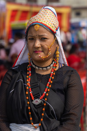 Portrait of a tribal tribal women from the state of Uttarakhand India wearing traditional attire on 17 January 2023のeditorial素材