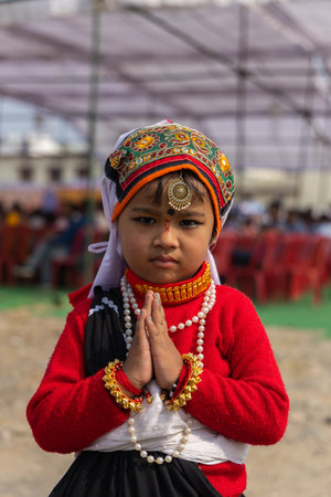 Portrait of a tribal child from the state of Uttarakhand India wearing traditional attire on 17 January 2023のeditorial素材