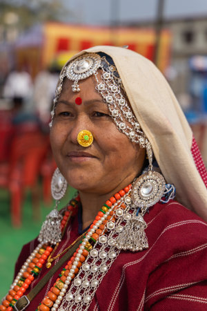 Portrait of a tribal women from the state of Uttarakhand India wearing traditional attire on 17 January 2023のeditorial素材