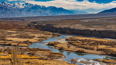 Landscape view of the river and mountains in Kyrgyzstan