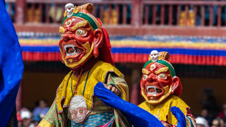 Colorful mask dance also called cham dance being performed at Hemis Monastery during Hemis festival at Leh, Ladakh India.の写真素材
