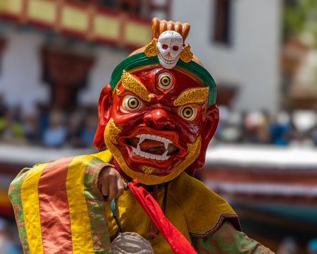 A colorful mask dance being performed at Hemis Monastery at Leh, Ladakh India.の写真素材