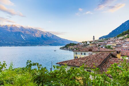 Limone sul Garda village at the lake, during a summer sunset. Popular travel destination.の写真素材