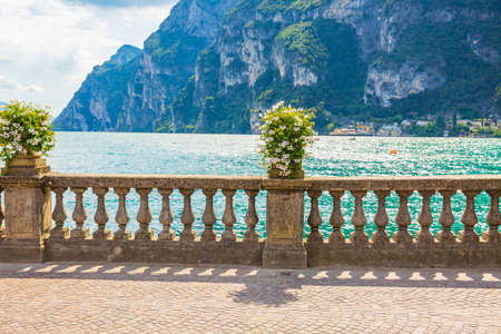 Ancient stone walls at the touristic village Riva del Garda, located at the great lake.の写真素材