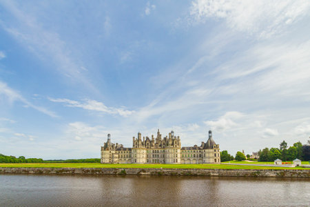 Beautiful cloudscape and blue sky over Chateau Chambord. Castle with very distinctive French Renaissance architectureのeditorial素材