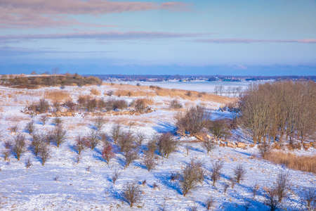 Snowy landscape with hills and meadows under a blue sky in Winter season. Buytenpark Zoetermeer, the Netherlandsの写真素材