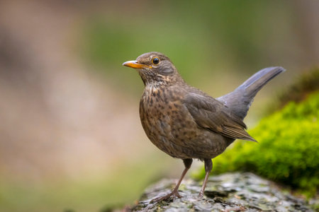 A male european Blackbird, turdus merula, female bird perched in a forest