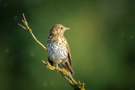 Closeup of a Song thrush Turdus philomelos bird singing in a tree during Springtime season.