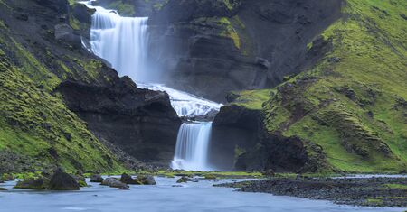 Ofaerufoss waterfall in the Eldgja canyon, Iceland highlandsの写真素材