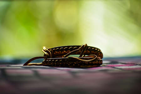 Two gold bangles and a slender gold necklace close-up shot in the daytime.の写真素材