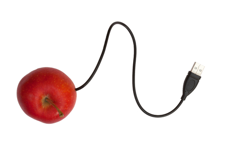 Black USB cord and a red apple on a white backgroundの写真素材