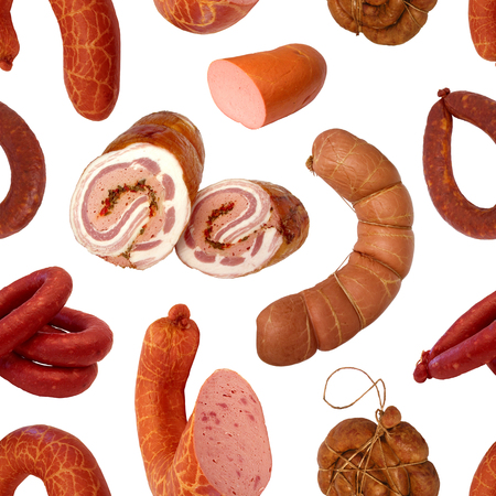 Seamless pattern. Delicious, appetizing smoked and boiled sausage made from natural meat.の写真素材