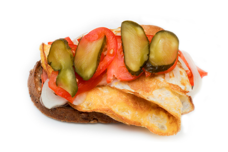 Sandwich with egg, tomato and pickled cucumber.の写真素材