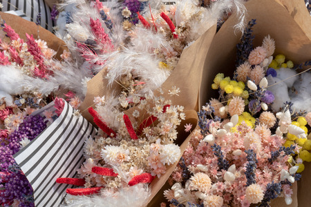 A beautiful bouquet of dried flowers and ears.の写真素材