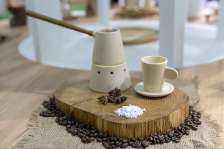 Coffee set - anise star, cinnamon and coffee beans.の写真素材