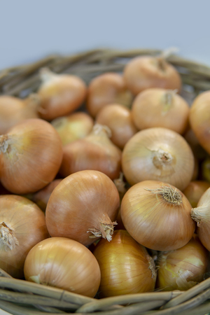 Yellow, ripe onions in a basket.の写真素材