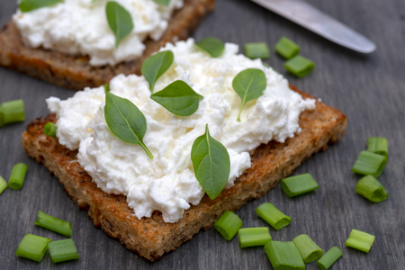 Healthy fresh vegetables and greens on crisp bread.の写真素材