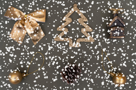 Golden Christmas tree decorations. Ball, bump, fir, bow.の写真素材