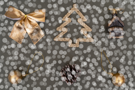 Golden Christmas tree decorations. Ball, bump, fir, bow.の写真素材