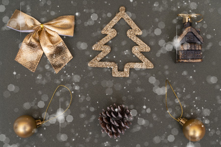 Golden Christmas tree decorations. Ball, bump, fir, bow.の写真素材
