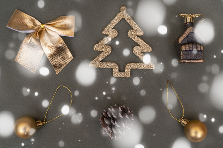 Golden Christmas tree decorations. Ball, bump, fir, bow.の写真素材