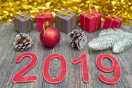 inscription 2019. Christmas gift boxes.の写真素材