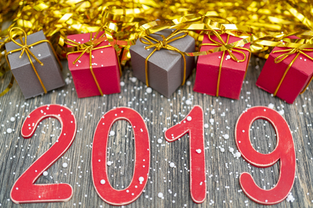 inscription 2019. Christmas gift boxes.の写真素材