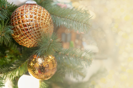 Christmas background - branches, toys, snow.の写真素材