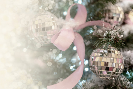 Christmas background - branches, toys, highlights. Place for congratulations.の写真素材