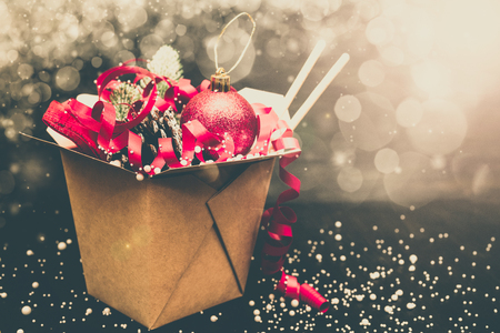 Christmas gifts in WOK paper packaging boxes. For Asian fast foods.の写真素材