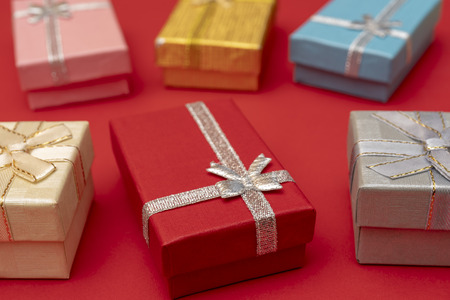 Bright gift boxes with bows.