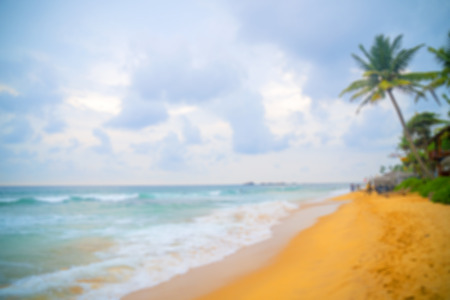 Beach, palm trees, sand, blue sky - a place for holidays and recreation. Soft focus background for lettering.の写真素材