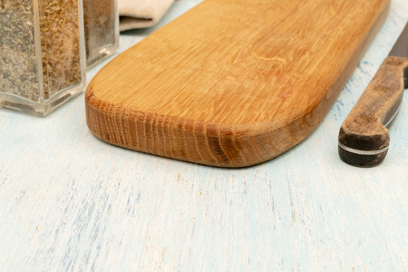 Wooden oak cutting board. Kitchenware. Copy space.の写真素材