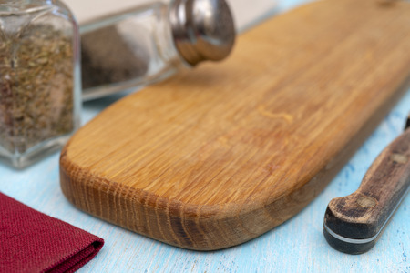 Wooden oak cutting board. Kitchenware. Copy space.の写真素材