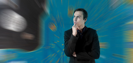 Young scientist on a futuristic background.の写真素材