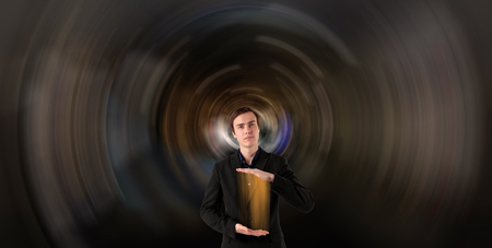 Young scientist on a futuristic background.の写真素材