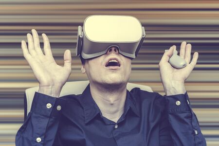 Young man of virtual reality. Innovation and technological advances. Modern technology for business.