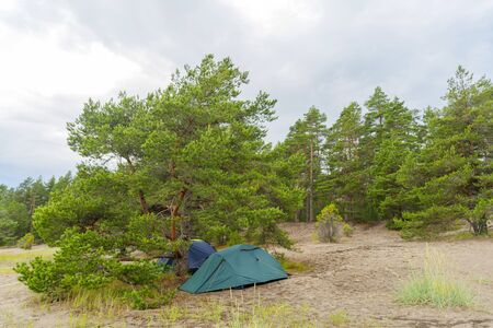 Tents on the sandy shore of the lake.の写真素材