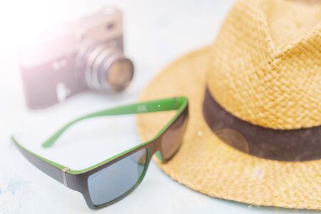 Travel set - sunglasses, straw hatの写真素材
