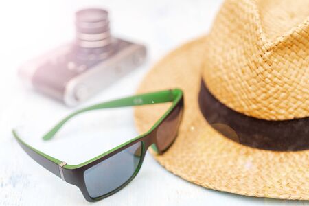 Travel set - sunglasses, straw hatの写真素材