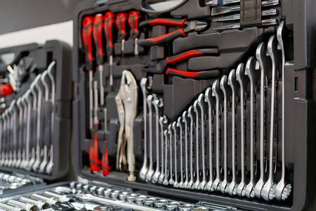 Tool kit for car repair. Repair faults on road and in workshop.の写真素材
