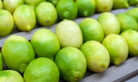 Ripe green lemons. Harvest of autumn in the store.の写真素材