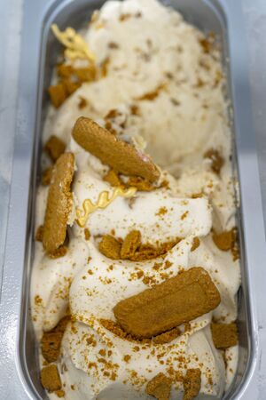 Ice cream in a metal tray. Selling ice cream.の写真素材