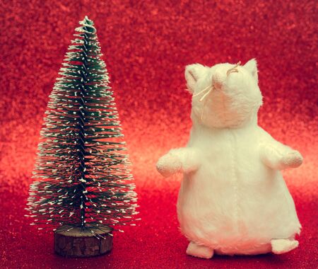 Rat and Christmas tree on a red background.の写真素材