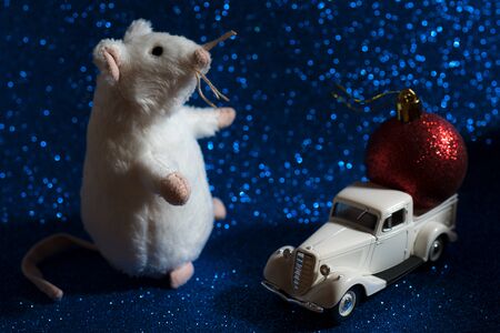 Rat and Christmas tree toy. Christmas card.の写真素材
