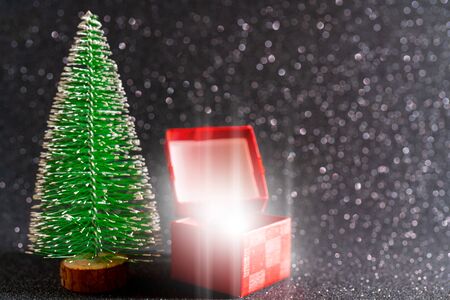 Christmas tree and gift box. Festive christmas background.の写真素材