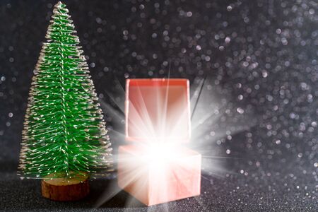 Christmas tree and gift box. Festive christmas background.の写真素材